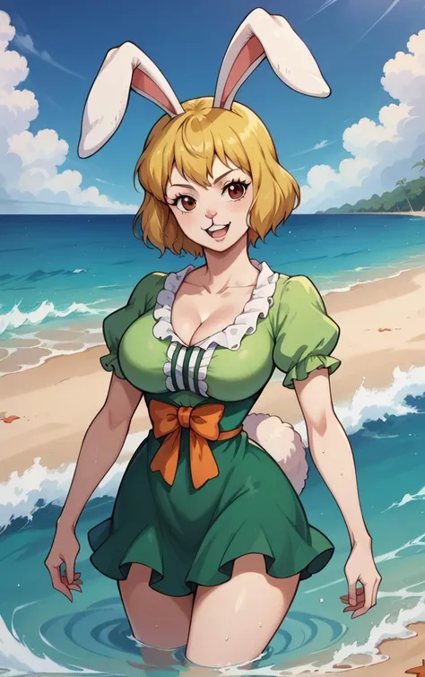 score_9, score_8_up, score_7_up, BREAK
GreenDress_Carrot_ownwaifu,
1girl, blonde hair, rabbit girl, short hair, furry female, rabbit tail, animal ears, brown eyes, rabbit ears, buck teeth, large breasts, animal nose, body fur, white fur, collarbone, bare legs, colored skin,
dress, green dress, short sleeves, puffy sleeves, bow, cleavage, puffy short sleeves, frills, green shirt, short dress,
(wading, beach), head tilt, sidelighting, ocean, sky, water, caustics, cowboy shot, <lora:PONYXL_ONEPIECE_Carrot_ownwaifu:0.8> , depth of field, solo,