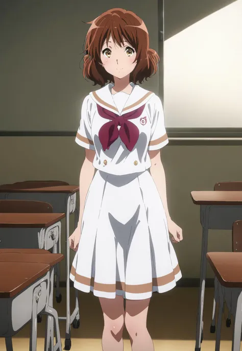 1girl, kumiko oumae\(Sound!Euphonium\), Sound!Euphonium, white sailor clothes, standing, classroom, smiling, best quality, masterpiece, absurdres, very aesthetic