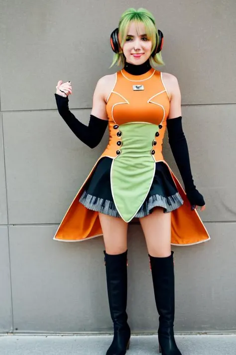 1 girl, full length, <lora:StS-FLChan-Try5:0.7> 1girl, green_hair, solo, short_hair, ahoge, gloves, elbow_gloves, fingerless_gloves, boots, headphones, orange_eyes, skirt, bare_shoulders, breasts, blush, full_body