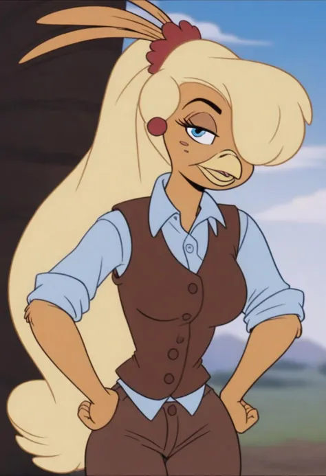 Goldie, big hair, beak, bird girl, breasts, solo, blonde hair, animal ears,bird girl, long hair,1girl, long hair,blonde hair, solo, brown vest, shirt,blue eyes, vest, hands on own hips, very long hair, pants, hair over one eye, brown pants, sleeves rolled up, looking at viewer, breasts, brown shirt, standing, cowboy shot, furry, collared shirt, open vest, buttons, medium breasts, tied shirt, grey shirt, outdoors, half-closed eyes
score_9, score_8_up, score_7_up, score_6_up <lora:GoldieRockaPony1.0:0.8>