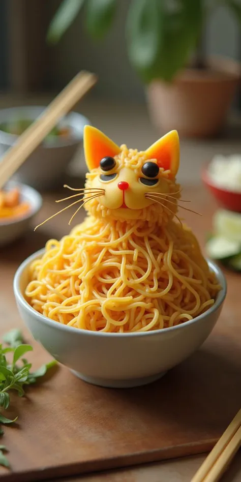 Create a playful and realistic scene where a cat appears to be made out of noodles in a practical, everyday setting. The goal is to present this concept in a way that’s both humorous and visually appealing, but still rooted in reality:
Noodle Cat Dish: Prepare a bowl of noodles in a way that they resemble a cat. Use long strands of spaghetti or udon noodles to form the basic outline of a cat lying comfortably in the bowl.
Cat Features: Arrange the noodles to suggest cat features:
Head and Ears: Shape a portion of the noodles into a rounded head with two small, upright noodle pieces forming the ears.
Eyes and Nose: Use small, contrasting ingredients such as olives, sliced mushrooms, or cherry tomatoes to represent the eyes and nose.
Whiskers: Place thin, cooked pasta strands or even small vegetable pieces around the nose area to mimic whiskers.
Background Setting: Place the bowl of noodle cat on a table or countertop with a casual dining setting. Add a pair of chopsticks or a fork to enhance the meal presentation. For a touch of humor, include a small food dish with the label “Cat Food” nearby.
Additional Touches: Surround the noodle cat with a few other noodle-based items or garnishes like herbs or vegetables to create a more elaborate meal scene.
Photography: Capture the scene with natural lighting to highlight the details. Focus on the bowl of noodles to emphasize the creative, cat-like arrangement, and include a few wider shots to show the full dining setup.