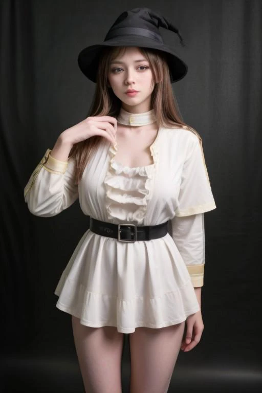 best quality, masterpiece, realistic, photorealistic, 1girl, solo, looking at viewer, full body, cyb dress, collared shirt, long sleeves, necktie, capelet, frills, badge, long dress, high heels, witch hat, simple background, <lora:magic_costume_style2_v2:0.65>saggy breast