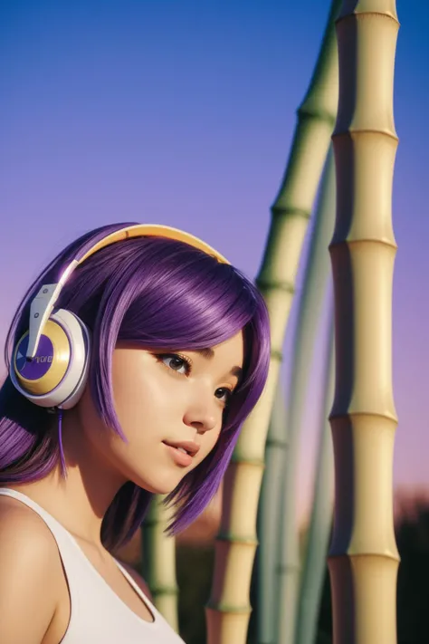1girl, mundane Spray paint style, masterpiece, angle from below of a [Nepalese|Korean] ([Bamboo shoot|Headphones]:1.3) , the Headphones is very Flirty and Internally Glowing, it is made from Pebble, it is in a Elder Scrolls setting, spring background, desolate flora and roots, at Blue hour, Wide view,  still, Tranquil, Golden ratio, Breakcore, Nostalgic lighting, Selective focus, Film Washi, vignette, Purple and electric purple flakes, 4K, extremely hyper aesthetic, (by Richard Phillips:1.1) , (Philipp Urlich:0.8) , (Harold Edgerton:1.0) , emotional