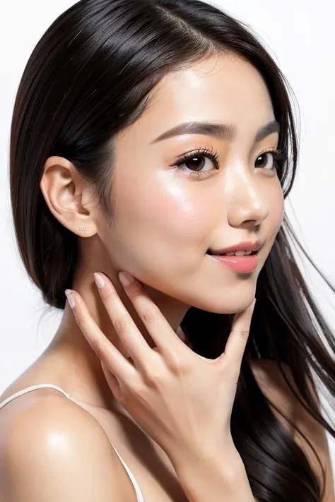 (side view:1.2) and 8k HD RAW high resolution photo and (face close-up:0.75) and A beautiful Ulzzang Korean idol puts her hand on one of her cheeks:1.2) and aegyo sal and Long Lashes and Mascara and (hands visible) and (masterpiece:1.2) and (best quality:1.2) and (photorealistic:1.4) and (Realistic:1.4) and Detailed Skin Textures and detailed skin pores and (detailed hands) and (Detailed 5 fingers) and (Detailed 5 finger nails:1.15555) and She looks at the camera and smiles naturally and her hands didn't merge with her face and (White background:1.2) and (simple background:1.2)