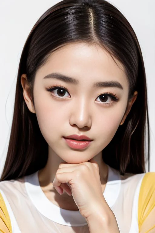 8k HD RAW high resolution photo and (face close-up:0.8) and (A beautiful Ulzzang Korean idol puts her hands on either side of her own cheeks:1.2) and (hands visible) and (masterpiece:1.2) and (best quality:1.2) and (photorealistic:1.4) and (Realistic:1.4) and Detailed Skin Textures and detailed skin pores and (detailed hands) and (Detailed 5 fingers) and (Detailed 5 finger nails:1.15) and She looks at the camera and smiles naturally and her hands didn't merge with her face and (White background:1.2) and (simple background)