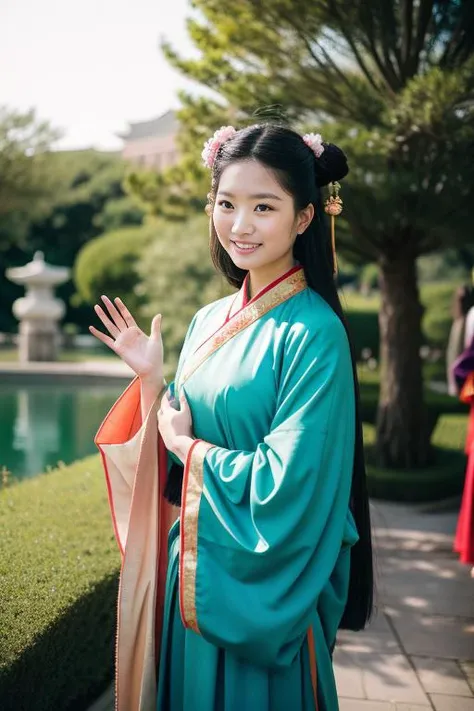 film grain and a beautiful asian woman waving to the camera and medium full shot and Hanfu