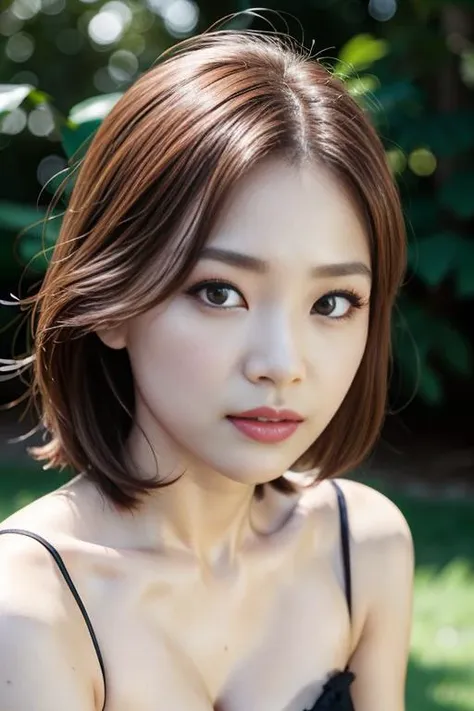 film grain,detailed,1 Ulzzang girl,long lashes,mascara,aegyo sal,cleavage visible,short [red|grey] hair,(drooping eyes),oval face,(masterpiece:1.2) and (best quality:1.2) and (photorealistic:1.4) and (Realistic:1.4) and Detailed Skin Textures and detailed skin pores,wear detailed elegant dresses,outdoor