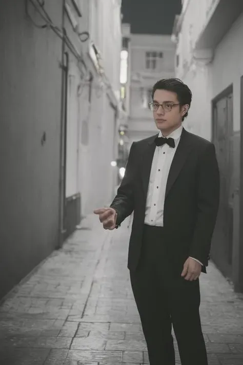 flash photography,medium shot,film grain,Film still, cinematic,color photo of Handsome man,Wearing expensive suits, formal attire,night street background