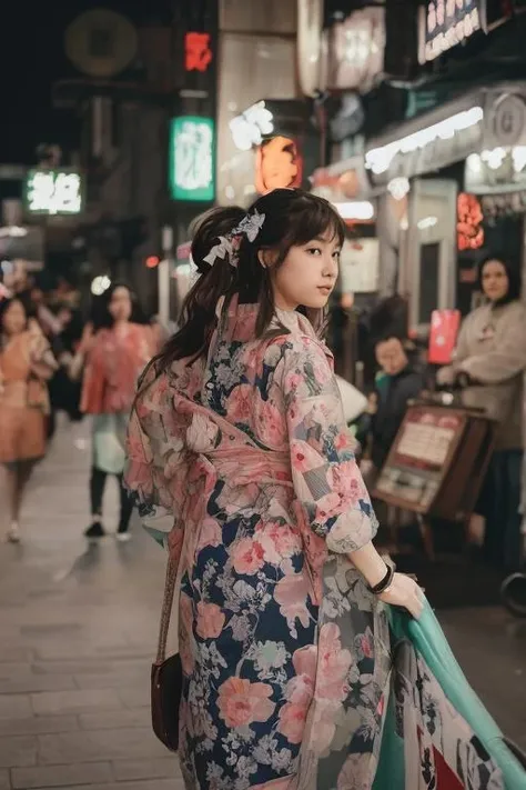 flash photography,medium shot,film grain,Film still, cinematic,A photo of an 18-year-old Japanese woman wearing a kimono on a Tokyo street at night,Wear beautiful Japanese style hair accessories