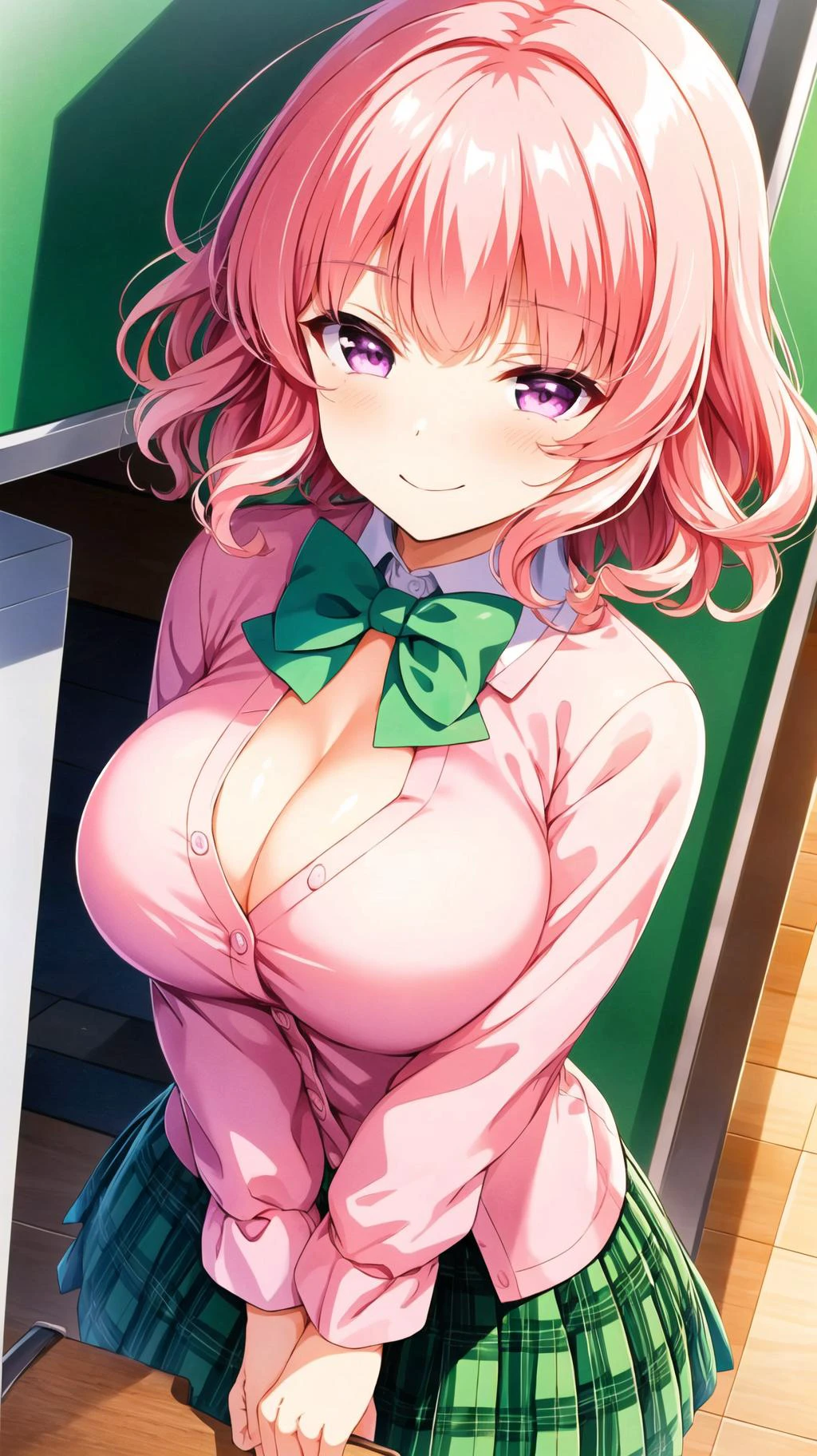 masterpiece, best quality, highres, BREAK,
<lora:Nitta-Moeka:0.7>,nittamoeka, pink hair, hair bow, pink bow, curly hair, short hair, purple eyes, pink eyes,
breasts, pink shirt, green bowtie, green skirt, plaid skirt, school uniform,cleavage, smirk