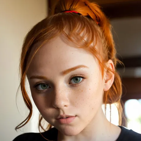 (8k, RAW photo, highest quality), beautiful girl (c14nn4Lynn:0.90) , close up, t-shirt, (detailed eyes:0.8), (highly detailed skin:1.4), (looking at the camera:1.4), freckles, (highest quality), (best shadow), intricate details, interior, (ponytail, ginger hair:1.3), dark studio, <lora:epiNoiseoffset_v2:1>