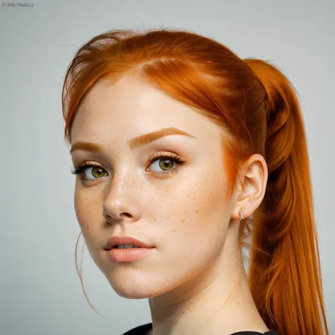 (8k, RAW photo, highest quality), beautiful girl (c14nn4Lynn:0.90) , close up, t-shirt, (detailed eyes:0.8), (highly detailed skin:1.4), (looking at the camera:1.4), freckles, (highest quality), (best shadow), intricate details, interior, (ponytail, ginger hair:1.3), dark studio, <lora:epiNoiseoffset2:1>