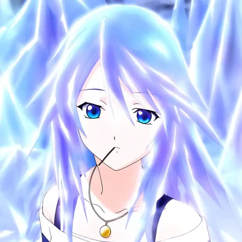 Mizore Shirayuki, MizoreShirayuki, ice_hime, 1girl, solo, long hair, looking at viewer, blue eyes, lollipop, hair made with ice, ice hair, lollipop in mouth, jewelry, blue hair, collarbone, necklace, pocky