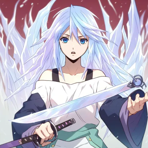 score_9, score_8_up, score_7_up, score_6_up, Mizore Shirayuki, MizoreShirayuki, mouth hold, yukionna, yuki_onna, 1girl, solo, long hair, looking at viewer, open mouth, blue eyes, bare shoulders, blue hair, weapon, sword, ice sword, ice made sword,