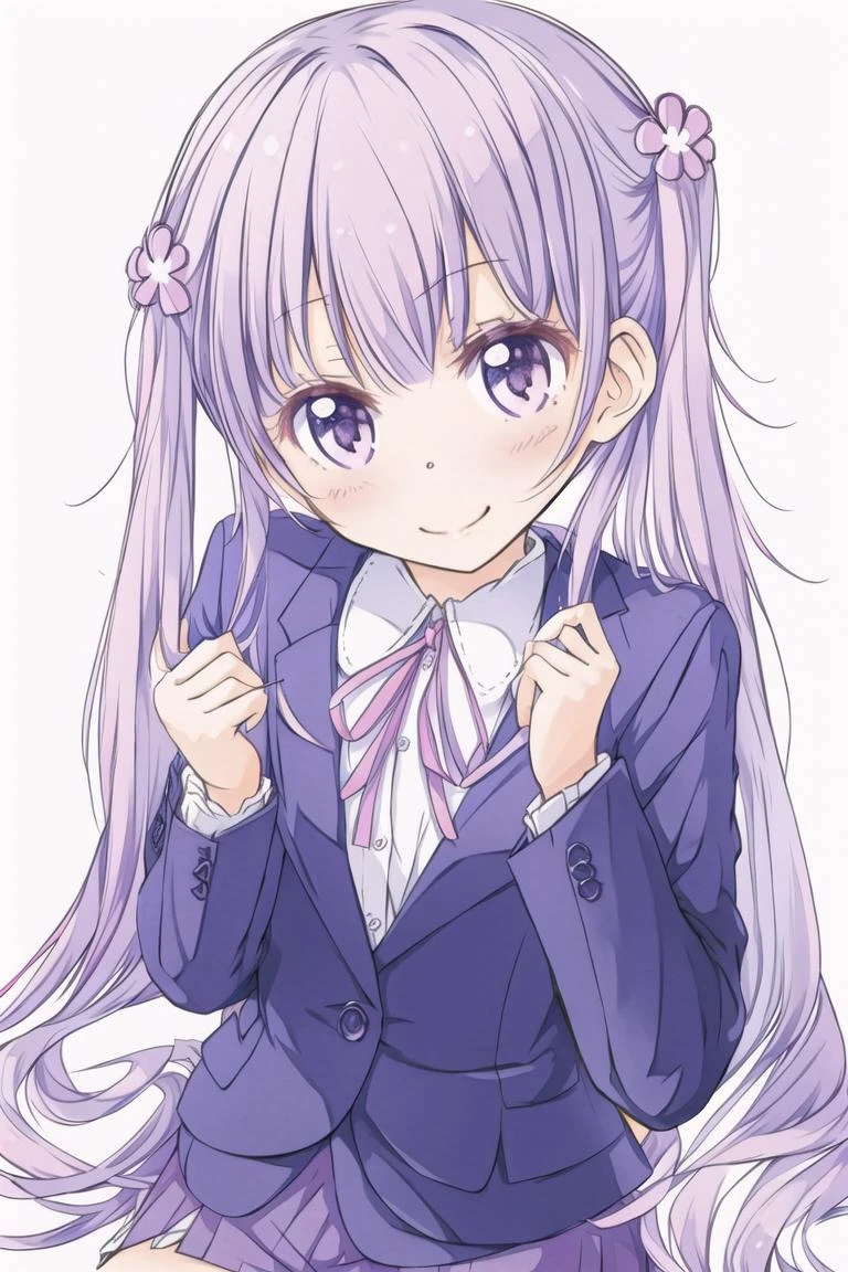<lora:Suzukaze_Aoba:0.9>:Suzukaze_Aoba
hair_flower, hair_ornament, jacket, twintail_hair, pink_neck_ribbon, purple_eyes, purple_hair, short_hair, pencil_skirt, smile,sitting