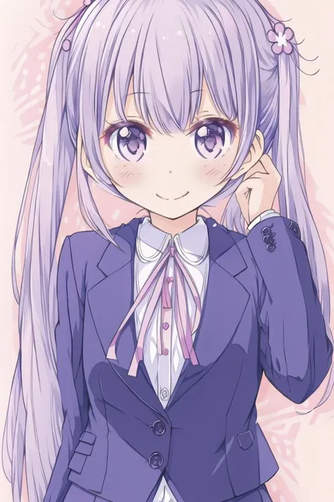 <lora:Suzukaze_Aoba:0.9>:Suzukaze_Aoba
 hair_flower, hair_ornament, jacket, twintail_hai, pink_neck_ribbon, purple_eyes, purple_hair, short_hair, pencil_skirt, smile,