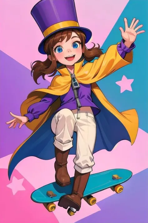 hatkid, child, riding a skateboard, brown hair, medium hair, blue eyes, top hat, yellow cape, purple jacket, zipper, white pants, boots