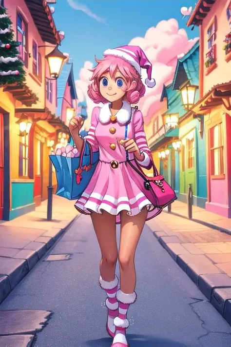 1girl, walking down the street in a magical town, cute creatures everywhere,cotton candy, candy, candycanes