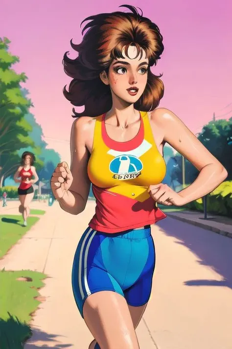 ARTSTYLE_PabloRomero_ownwaifu, realistic | retro artstyle | halftone background | painting \(medium\), 1girl, ((running in a park)), wearing running shorts, (sweaty skin, very messy hair), wearing tank top, nipple outline