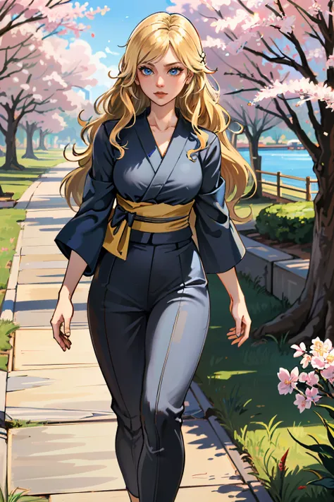 ((ultra detailed, masterpiece, absurdres))
 <lora:I2BlackCanary:0.8>
I2BlackCanary, 1girl, long hair, blonde hair, blue eyes, walking in a serene Japanese park with cherry blossoms, yukata, and a hair ornament