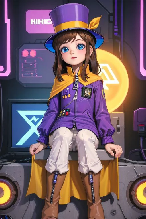 hatkid, , ((cyberpunk, high-tech, sci-fi)), brown hair, medium hair, blue eyes, top hat, yellow cape, purple jacket, zipper, white pants, boots