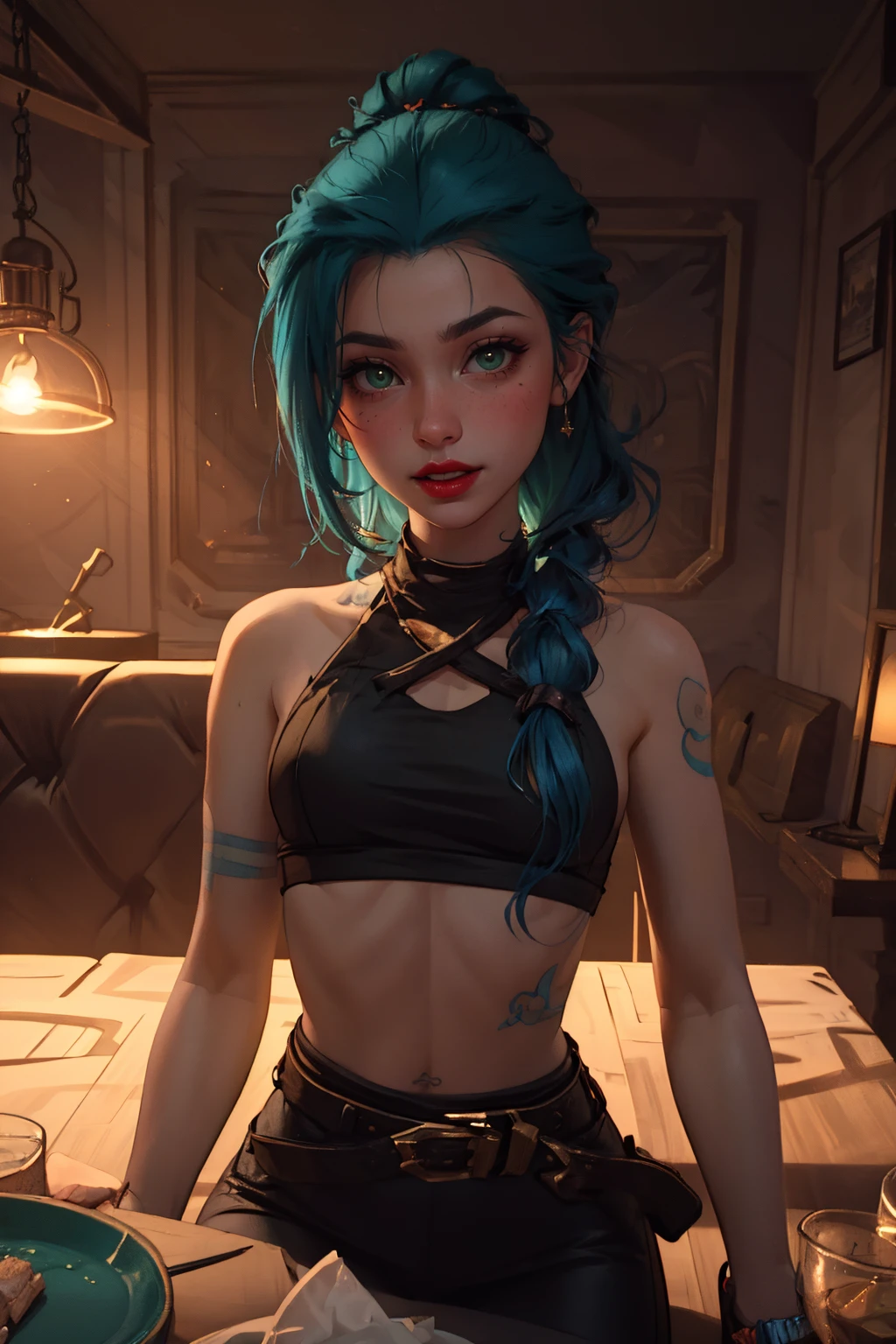sexy, (detailed eyes), (detailed face), beautiful lady, (pov sitting across table:1.1), looking at viewer, sexy verdant dress, skin tight red, dress, blush, (naughty) (naughty smile:0.9), emerald eyes, blonde hair, (smiling:0.9),
(mystical tattoo:0.9), (neck tattoo), ((narrow waist)), skinny, thin, (fit body:1.1), (perfect proportions:0.8), (perfect anatomy:0.8), red lipstick, (small boobs), blue hair,
(cowboy shot:1.1),
(shiny skin),
<lora:Arcane_jinx-v4:0.8> j1nx101, 1girl, crop top,
BREAK,
good hands, detailed hands, anatomical hands,
(beautiful composition:1.1), masterpiece, fantasy, sexy, petite, soft glow, polished, clean image, <lora:epi_noiseoffset2:1> gorgeous, stunning, triadic colors, high contrast, Vivid color, dark,
<lora:CONCEPT_pov_dating_ownwaifu:1> (concept_pov_dating_ownwaifu:1.1), www.ownwaifu.com, 1girl, solo, looking at viewer, breasts, sitting at table <lora:more_details:0.2>, perfect teeth, overlooking beautiful tropical island beach view, (volumetric lighting), (dynamic lighiting), godrays, Rembrandt lighting, real shadows, intricate detail, photorealistic, photograph, photo, dlsr, Fuji Film, extremely high detail, detailed skin texture, (blush:0.2), (goosebumps:0.3), subsurface scattering