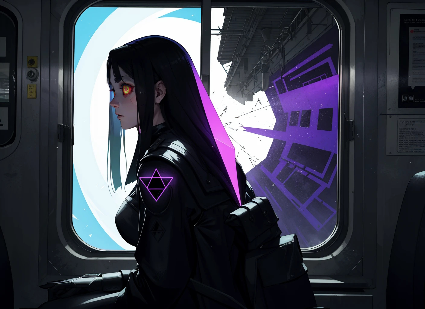 three cornered window, back of head shot of (woman looking out of triangle window:1.1), 3rd person, Looking out the triangular window of a (train:1.1) with triangular windows, triangular windows and triangular, wheels, in a fantasy world,
psychedelic, geometric, vivid light, high contrast, triadic colors, dark shadows, explosions, nuclear mushroom cloud, nuclear explosion, dystopian nightmare,
(beautiful composition),
21 yo woman,