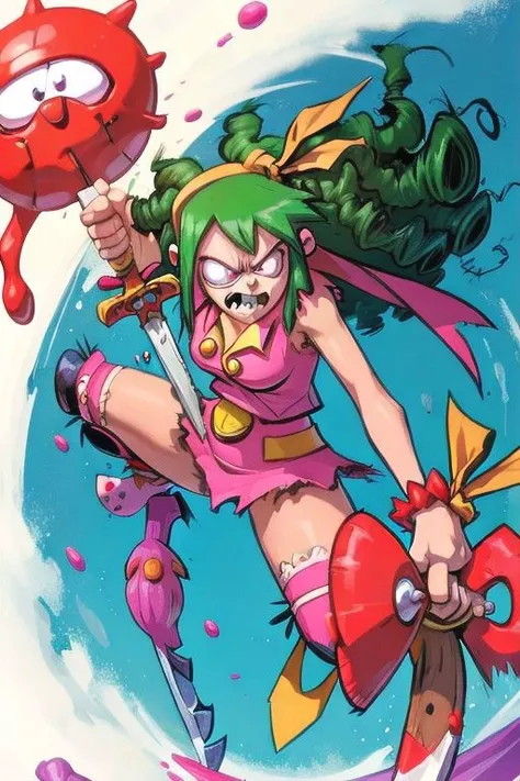 1girl, angry expression, holding weapon, candies and toys surrounding her, mid battle, swinging huge sword, blood splattering