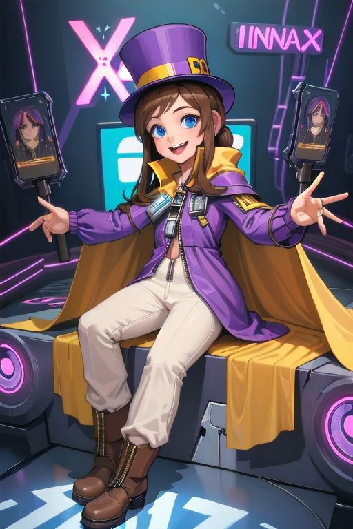 hatkid, , ((cyberpunk, high-tech, sci-fi)), brown hair, medium hair, blue eyes, top hat, yellow cape, purple jacket, zipper, white pants, boots