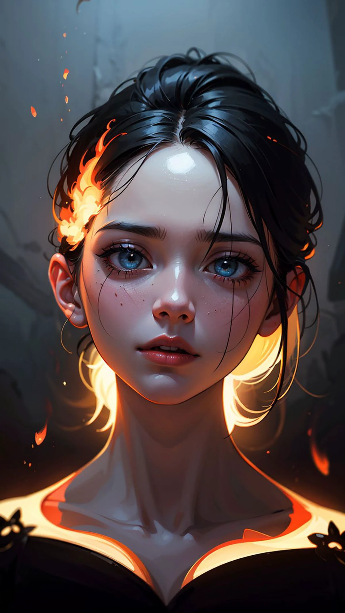 Surrealist art, A surreal portrait emerges from the shifting mist, revealing a figure engulfed in ethereal flames, eyes ablaze with passions yet to be discovered, inner demon, face reflecting, they embody the intensity of raw creativity, (photorealism:1.4), dreamlike, mysterious, provocative, symbolic, intricate, detailed