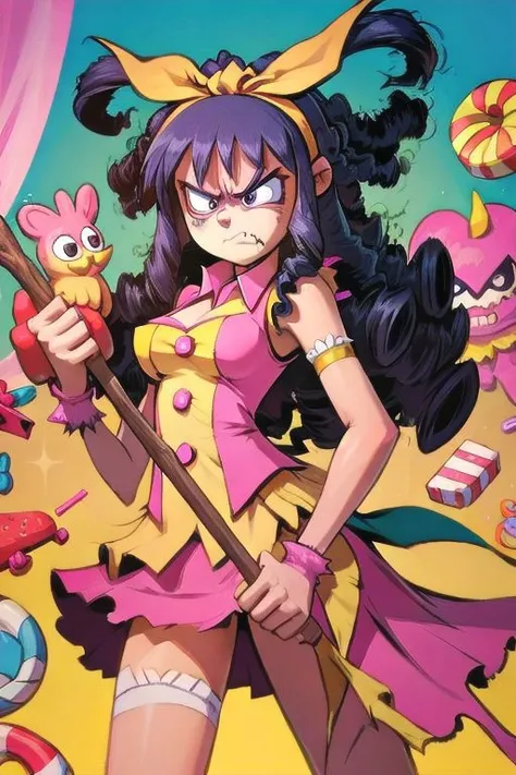 1girl, angry expression, holding weapon, candies and toys surrounding her