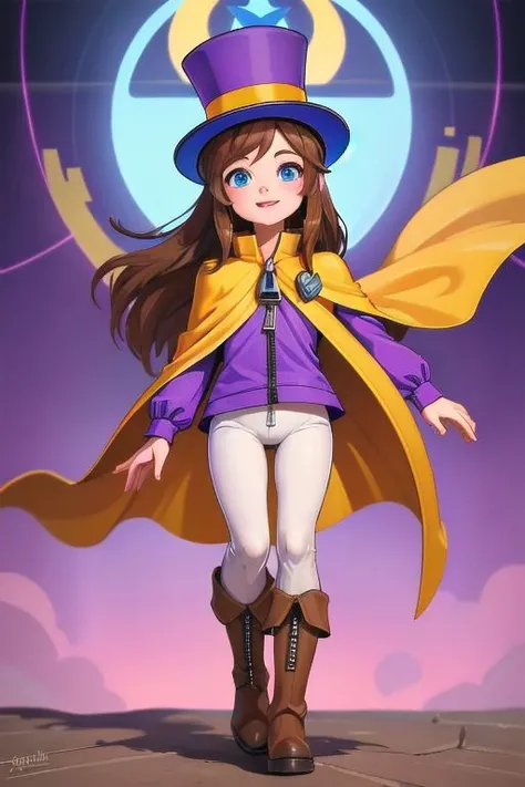 hatkid, , cyberpunk, high-tech, sci-fi, brown hair, medium hair, blue eyes, top hat, yellow cape, purple jacket, zipper, white pants, boots
