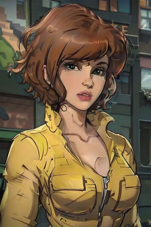 CARTOON_April_ONeil_TMNT_ownwaifu, brown hair, short hair, breasts, brown eyes, large breasts, lips, makeup, collarbone, lipstick, 1girl,