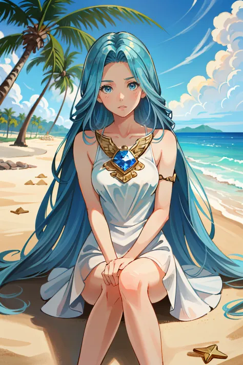 ((ultra detailed, masterpiece, absurdres))
<lora:GFLyria:0.9>
GFLyria, 1girl, blue hair, long hair, blue eyes, white dress, jewelry, on the sandy beach, minidress, palm trees in the background, sitting cross-legged