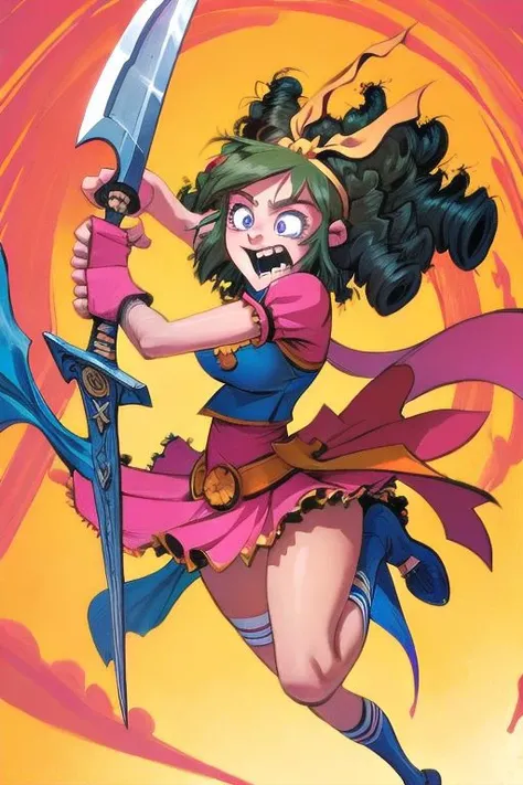 1girl, jumping wildly, crazy look in her eyes, holding large sword, leaping through the air, attack pose
