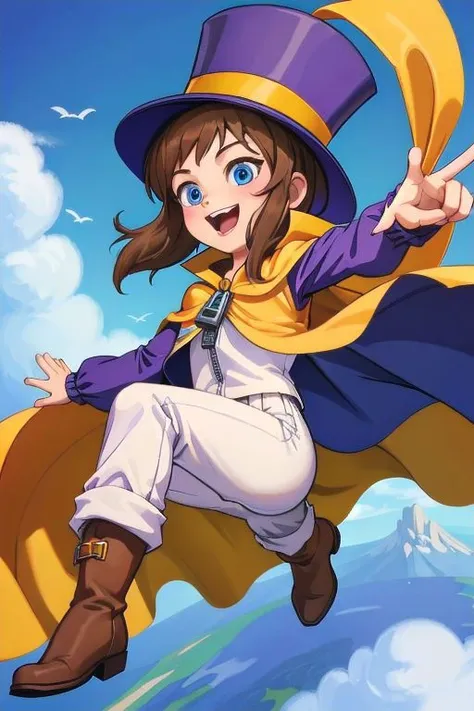 hatkid, child, jumping over a scary enemy, action shot, dynamic pose, brown hair, medium hair, blue eyes, top hat, yellow cape, purple jacket, zipper, white pants, boots