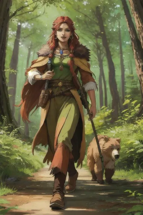 a human druid in the style of dnd , a druid walks next to a bear in the forest,