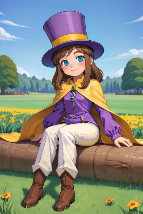 hatkid, child, sitting in a grassy field contemplating her existance, brown hair, medium hair, blue eyes, top hat, yellow cape, purple jacket, zipper, white pants, boots