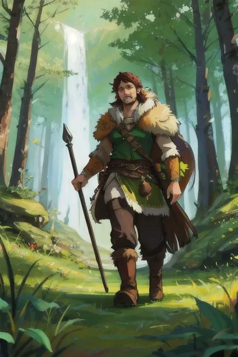 a human druid in the style of dnd , a druid walks next to a bear in the forest,