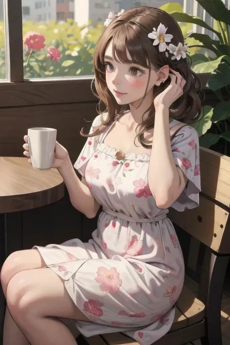 1girl, flower print frock, sitting in a coffee shop, flirty, hand tucking hair behind ear,