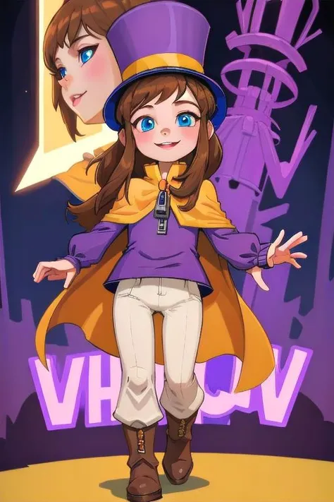 hatkid, , cyberpunk, high-tech, sci-fi, brown hair, medium hair, blue eyes, top hat, yellow cape, purple jacket, zipper, white pants, boots