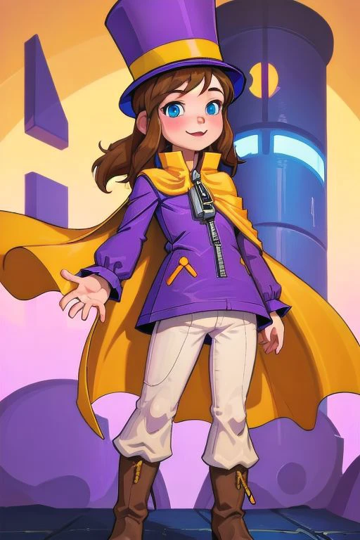 hatkid, , cyberpunk, high-tech, sci-fi, brown hair, medium hair, blue eyes, top hat, yellow cape, purple jacket, zipper, white pants, boots