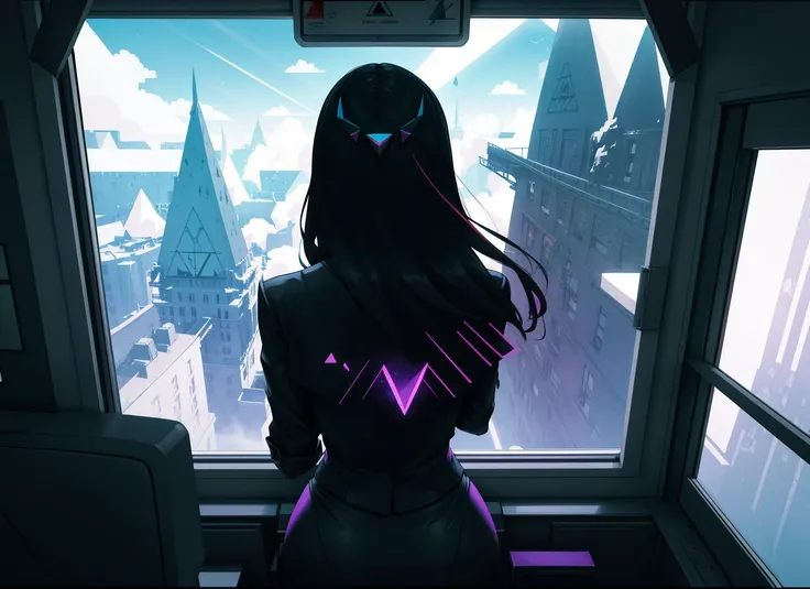 three cornered window, back of head shot of (woman looking out of triangle window:1.1), 3rd person, Looking out the triangular window of a (train:1.1) with triangular windows, triangular windows and triangular, wheels, in a fantasy world,
psychedelic, geometric, vivid light, high contrast, triadic colors, dark shadows, explosions, nuclear mushroom cloud, nuclear explosion, dystopian nightmare,
(beautiful composition),
21 yo woman,