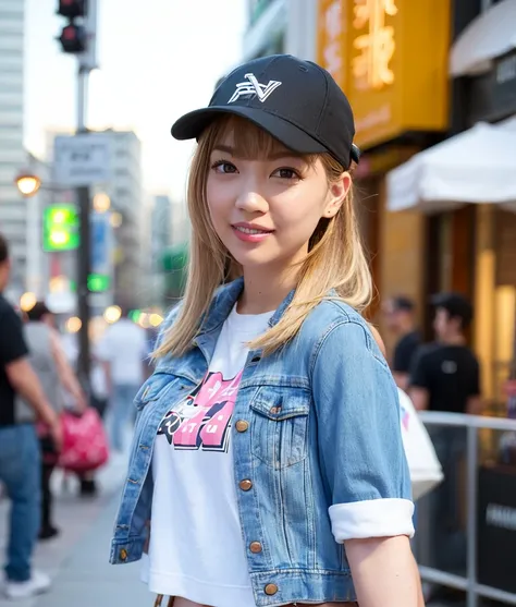 best quality, photorealistic, 8k, high res, (((woman))), (medium breast), ((looking at the viewer)), (looking at the camera), (medium hair), (professional lighting, bokeh), ((outdoor)), (people, crowds:0.6), cityscape, neon light, time square, new york, ((daytime)), (varsity jacket with rock band tshirt inside:1.5), (portrait:0.6), ((baseball cap)), seductive smile, ((sweat)), (poker face), mini jeans, short jeans, gold chain necklace, gorgeous, floating hair, (light particles, lens flare, glowing particles:0.6), (dynamic pose:1.2), soft lighting, <lora:koharu768pxBasil80pic30trains2epoch:0.61>