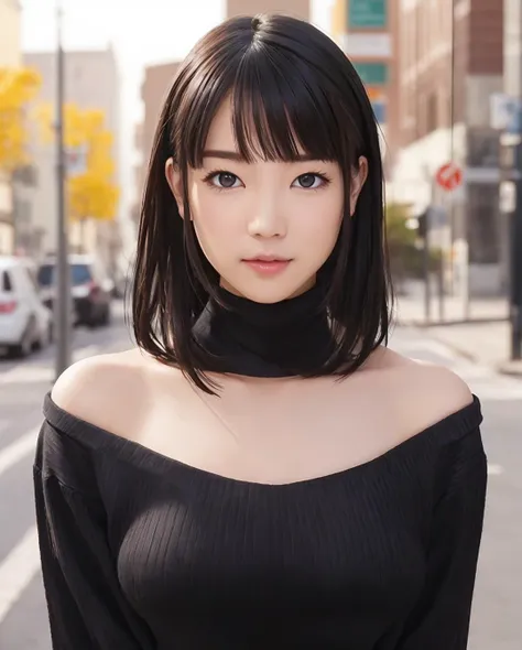 pureerosface_v1, best quality, photorealistic, 8k, high res, 1girl, woman, (skindentation), (portrait:0.6),  ((cityscapebackground:1.6, smallsize round breast, highneck sweater:1.5)), straight-looking at viewer:1.8, (1girl eyes looking at viewer:1.45, medium-length hair,  blackhair, partedbangs:1.15), photorealistic, (bokeh),  <lora:CBAV-koharu:0.65>