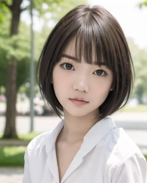 pureerosface_v1, best quality, photorealistic, 8k, high res, full color, 1girl, woman, 20 years old woman, (closed mouth:1.73), (skindentation), (dynamic pose:0.6), trees, park bench, daylight, ((park background:1.52)), full color, ((whitebuttonedshirt:1.58)), looking at viewer:1.8, (1girl eyes looking at viewer:1.55), (medium hair, brownhair, partedbangs:1.45), (bokeh), <lora:AAV-koharu2:0.64>