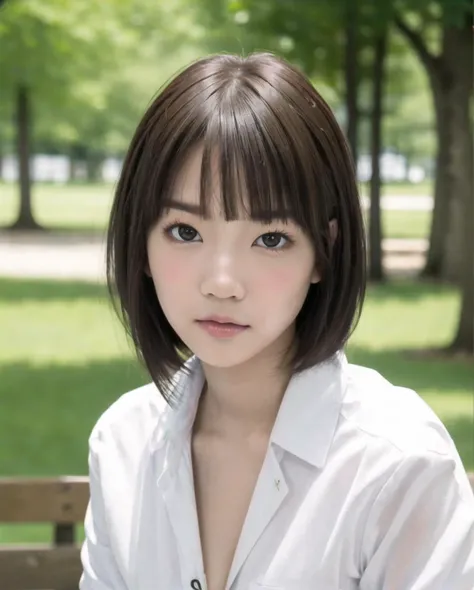 pureerosface_v1, best quality, photorealistic, 8k, high res, full color, 1girl, woman, 20 years old woman, (closed mouth:1.73), (skindentation), (dynamic pose:0.6), trees, park bench, daylight, ((park background:1.52)), full color, ((whitebuttonedshirt:1.58)), looking at viewer:1.8, (1girl eyes looking at viewer:1.55), (medium hair, brownhair, partedbangs:1.45), (bokeh), <lora:AAV-koharu2:0.64>
