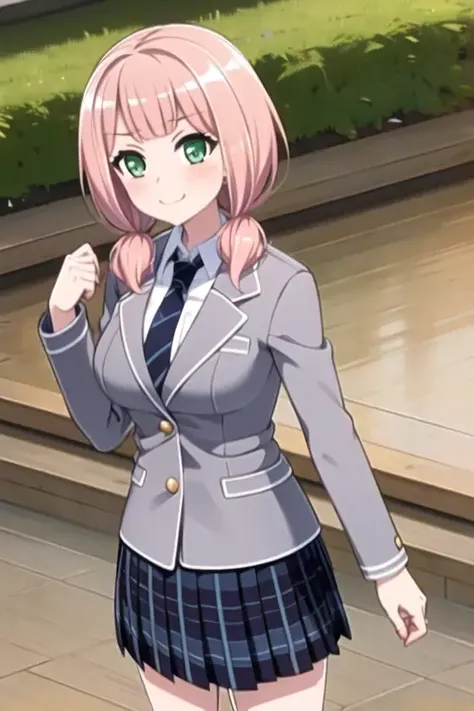 ((masterpiece, best quality)),very detailed, simple eyes, ((((outdoors,standing)))),(((large breasts))),<lora:himari001:0.8>,himari uehara, 1girl, bangs, blazer, blue_skirt, blush, book, green_eyes,( haneoka_school_uniform), indoors,grey jacket, long_sleeves, looking_at_viewer, low_twintails, necktie, pink_hair, plaid, plaid_skirt, pleated_skirt, school_uniform, shirt, skirt, smile, solo, standing, striped_necktie, twintails