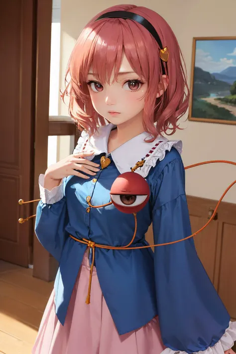 (masterpiece, best quality:1.2), <lyco:touhou_komeiji-10:1.0>, cowboy shot, solo, 1girl, komeiji satori, third eye, expressionless, closed mouth, looking at viewer, black hairband, blue shirt, frilled shirt collar, frilled sleeves, wide sleeves, pink skirt