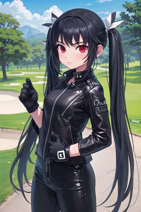 1girl, (tight all black leather jacket), (tight all black leather trousers), (very long twintails:1.5), small breasts, (black_hair:1.5), red eyes, golfing gloves, outdoors, golf course, <lora:SeeDark_Style_v11:1>